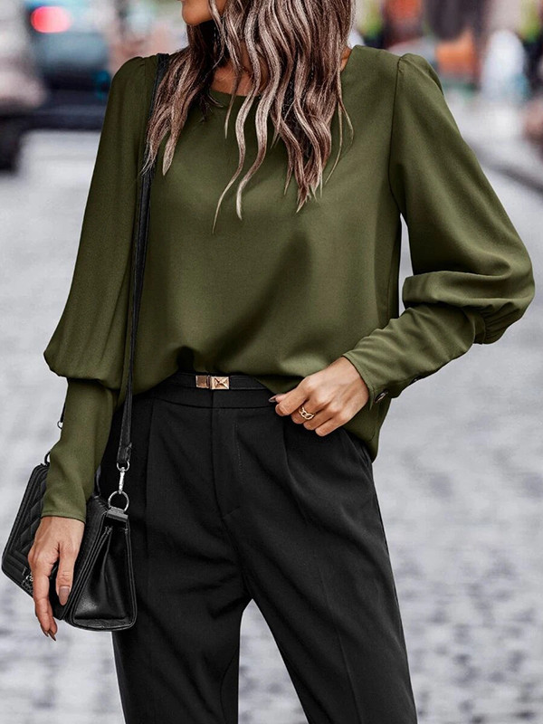 Buttoned Puff Sleeves Loose Round-neck Blouses&shirts Tops