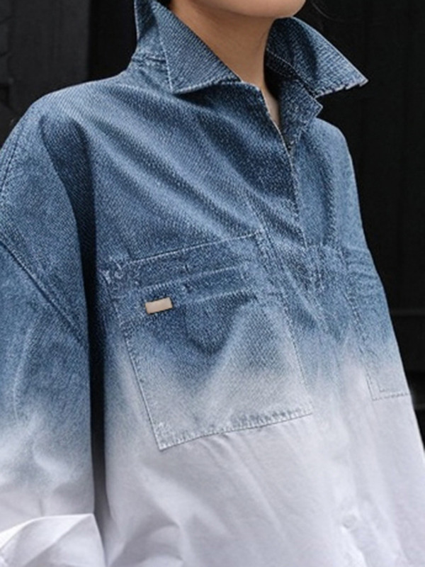 Split-side Split-Joint Printed Gradient Loose High-low Lapel Blouses&shirts Tops