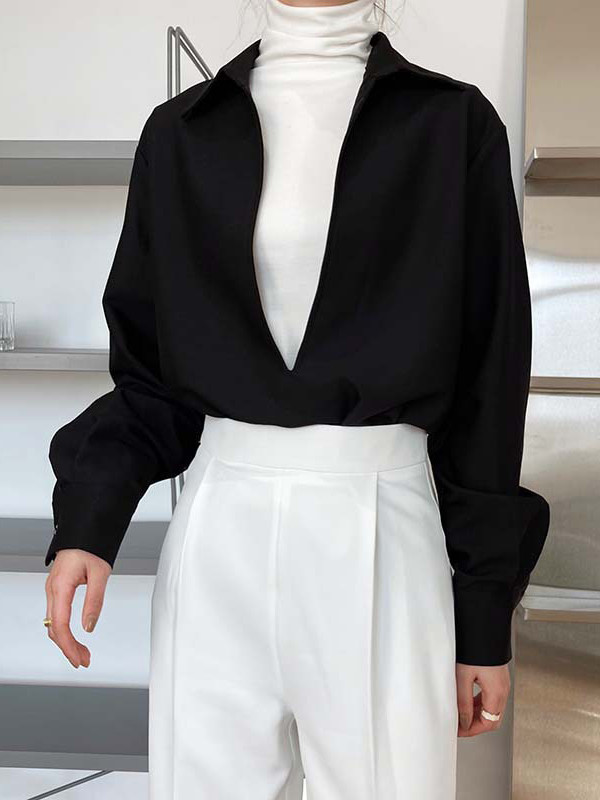 Solid Color Loose Long Sleeves V-Neck Blouses