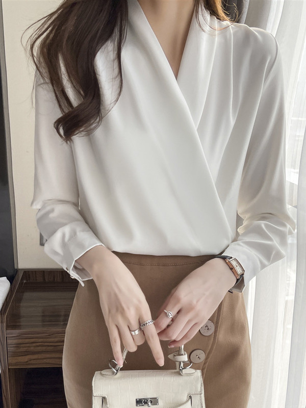 Solid Color Buttoned Loose Long Sleeves V-Neck Blouses&Shirts Tops