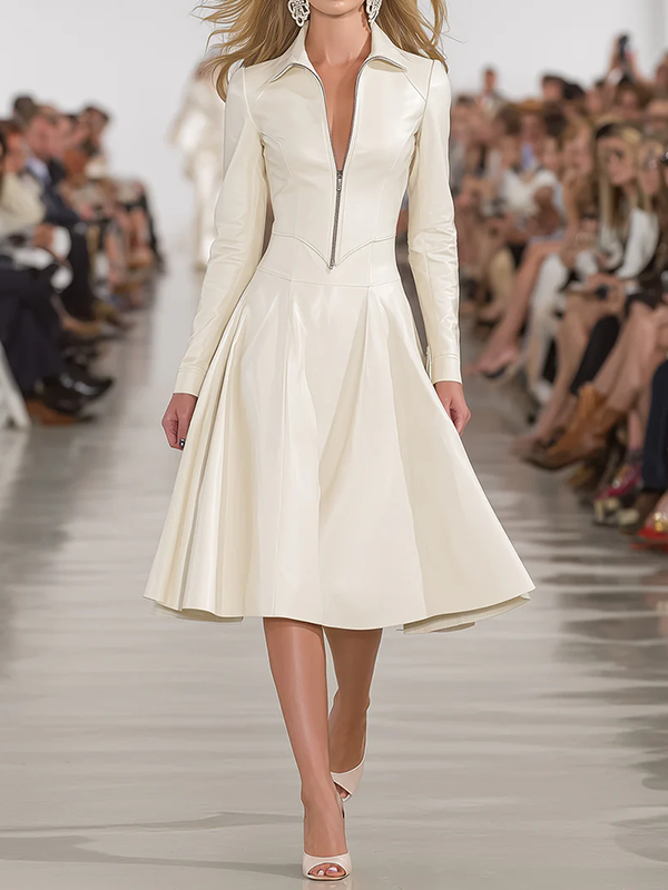 Zipper Soft Skinny Long Sleeves Lapel Midi Dresses