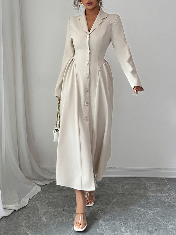 Split-Joint Solid Color Pleated Buttoned Loose Long Sleeves Notched Collar Shirt Dress Maxi Dresses