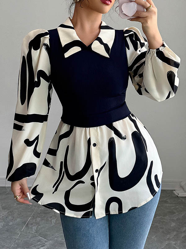 Split-Joint Pleated Contrast Color Buttoned Puff Sleeves Loose Lapel Blouses&Shirts Tops