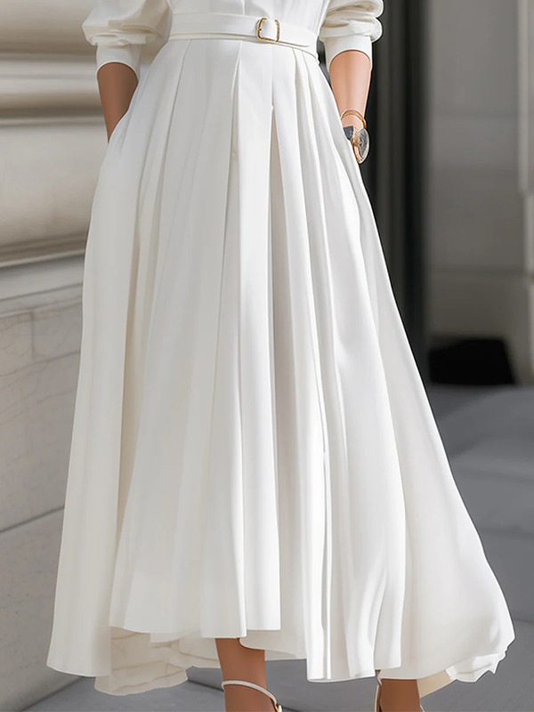 Long Sleeves Loose Belted Pockets Solid Color Stand Collar Maxi Dresses