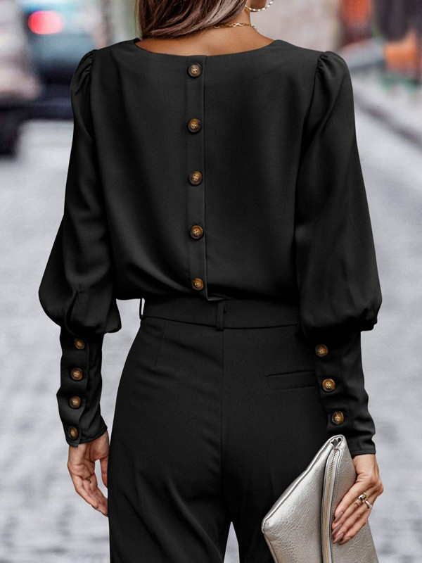 Buttoned Puff Sleeves Loose Round-neck Blouses&shirts Tops