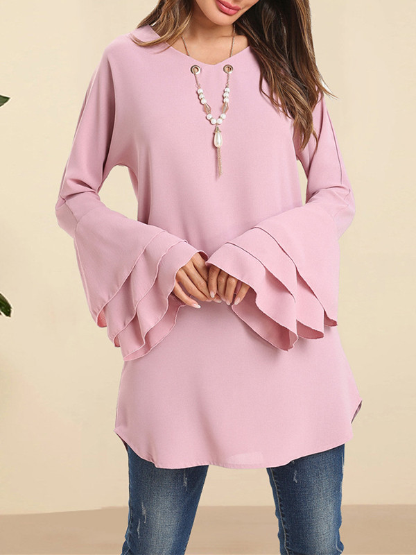 Layered Hollow Loose Long Sleeves V-Neck Blouses&Shirts Tops