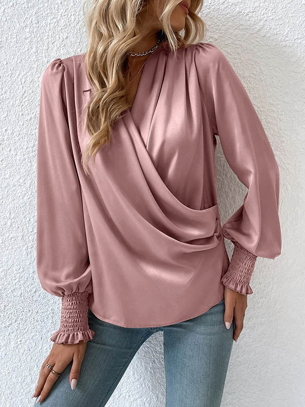 Solid Color Elasticity Loose Long Sleeves V-Neck Blouses&Shirts Tops