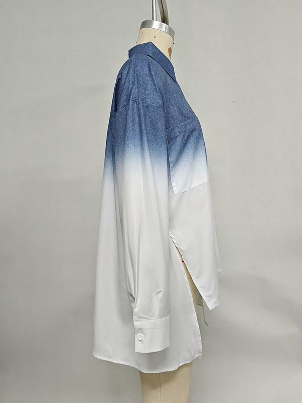 Split-side Split-Joint Printed Gradient Loose High-low Lapel Blouses&shirts Tops