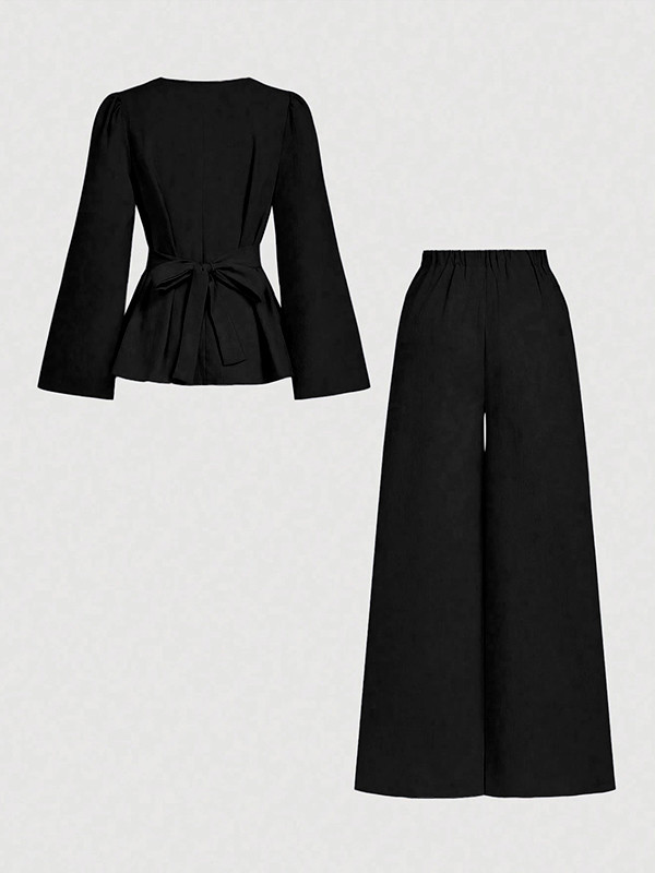 Long Sleeves Solid Color Split-Joint Tied Waist V-Neck Blouses&Shirts Tops