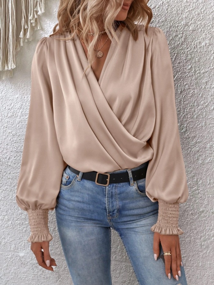 Solid Color Elasticity Loose Long Sleeves V-Neck Blouses&Shirts Tops