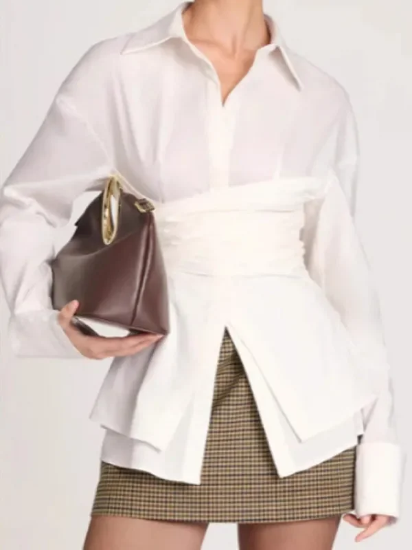 Tiered Split-Joint Solid Color Pleated Plus Size Long Sleeves Lapel Blouses&Shirts Tops