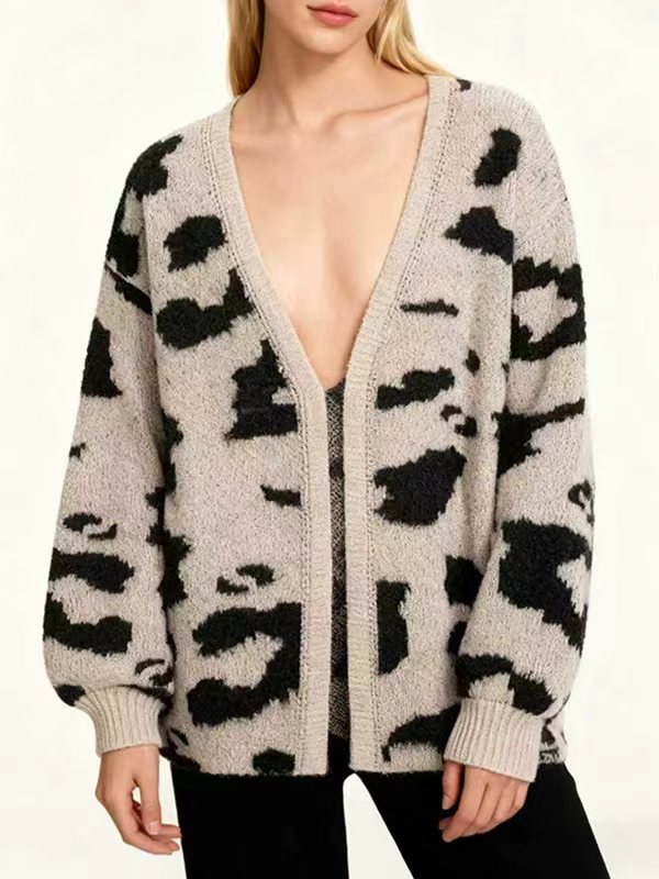Print Leopard Contrast Color Loose Long Sleeves Cardigan Tops
