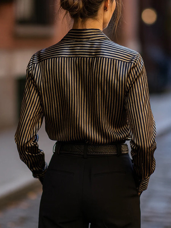 Striped Contrast Color Buttoned Loose Long Sleeves Lapel Blouses&Shirts Tops