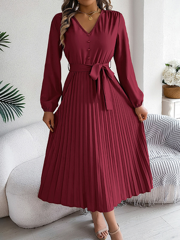 Solid Color Pleated Buttoned Belted Puff Sleeves Long Sleeves V-Neck Maxi Dresses
