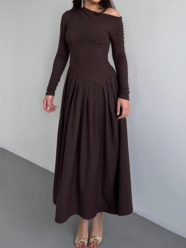 Split-Joint Solid Color Pleated Asymmetric Long Sleeves High Waisted One-Shoulder Maxi Dresses