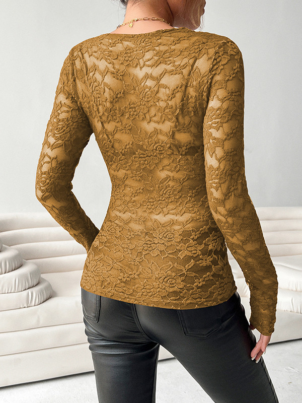 Solid Color See-Through Skinny Long Sleeves Deep V-Neck T-Shirts