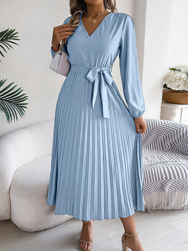 Solid Color Pleated Buttoned Belted Puff Sleeves Long Sleeves V-Neck Maxi Dresses