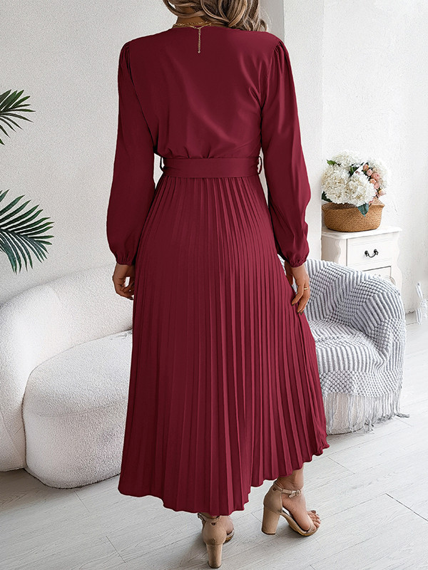 Solid Color Pleated Buttoned Belted Puff Sleeves Long Sleeves V-Neck Maxi Dresses