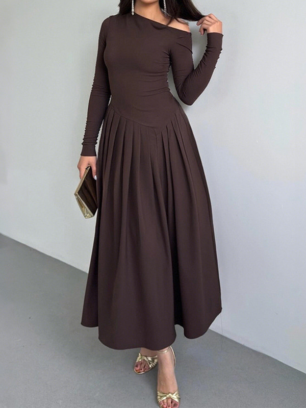 Split-Joint Solid Color Pleated Asymmetric Long Sleeves High Waisted One-Shoulder Maxi Dresses