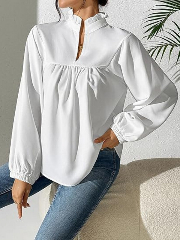 Solid Color Ruffled Pleated Seven-Quarter Sleeves Puff Sleeves Stand Collar Blouses&Shirts Tops