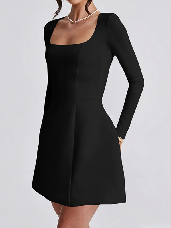 Zipper Solid Color Long Sleeves High Waisted Square-Neck Mini Dresses