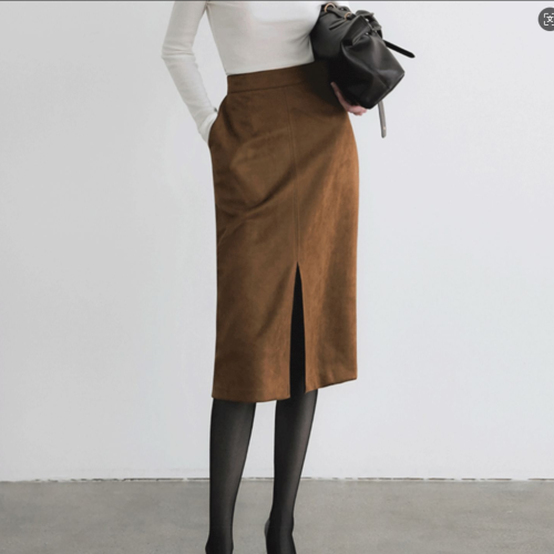 Elegant Women Suede Skirts Split For Office Ladies Pockets Casual Loose A-Line High Waist Midi Skirt 2025 Autumn Winter L197B