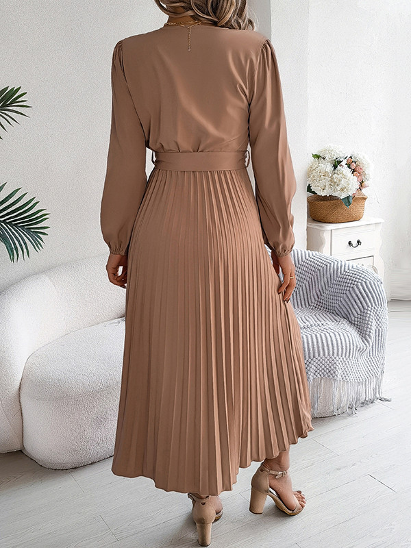 Solid Color Pleated Buttoned Belted Puff Sleeves Long Sleeves V-Neck Maxi Dresses