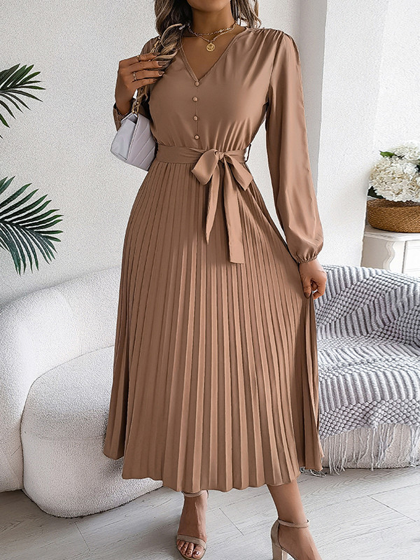 Solid Color Pleated Buttoned Belted Puff Sleeves Long Sleeves V-Neck Maxi Dresses