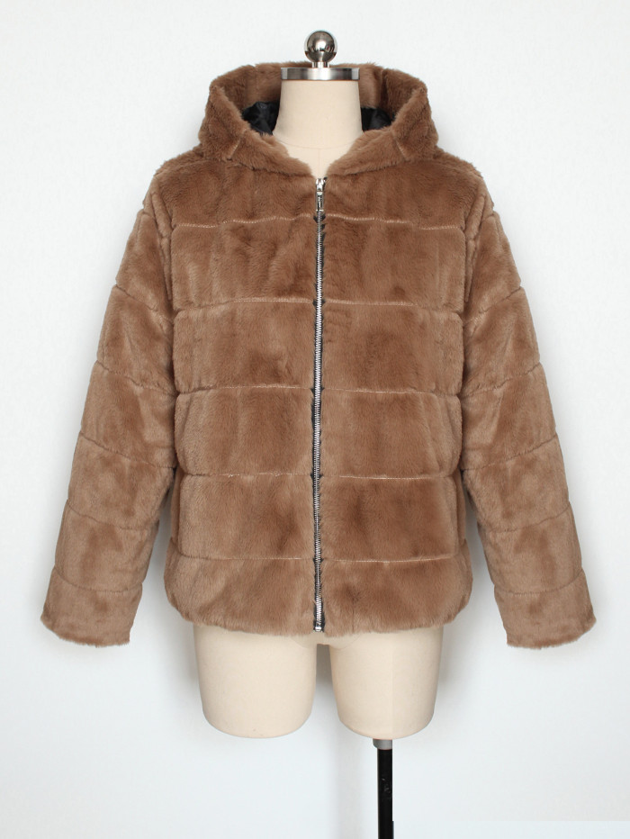 New Fashion Faux Fur Coat Hooded 2025 Women Thicken Winter Zipper Long Sleeve Ladies Loose Warm Jackets Casual  P196