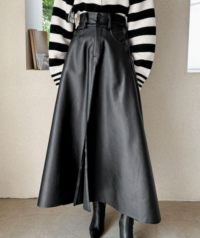 ✨ Chic High-Waist PU Midi Skirt | Elegant Streetwear with Pockets