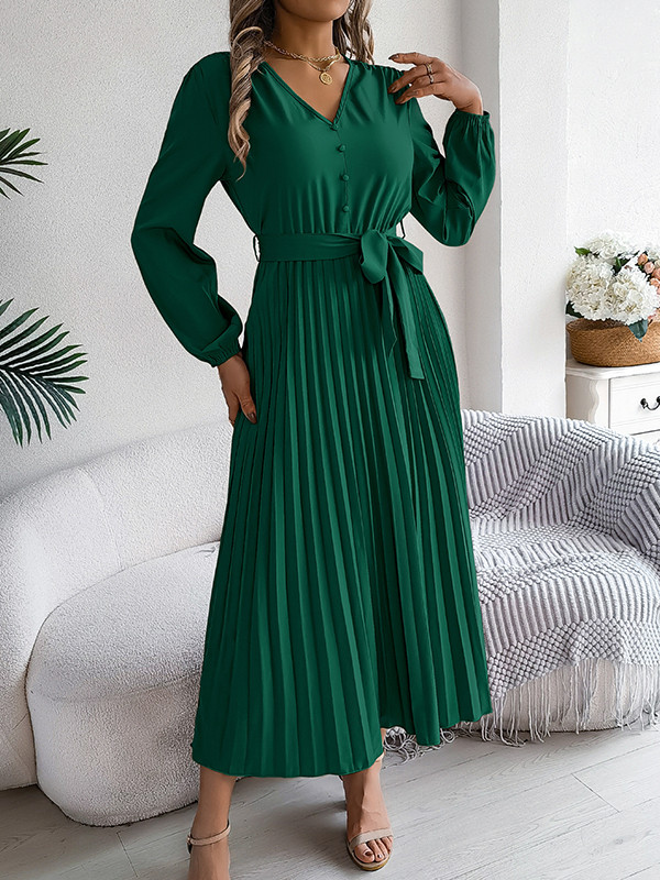 Solid Color Pleated Buttoned Belted Puff Sleeves Long Sleeves V-Neck Maxi Dresses