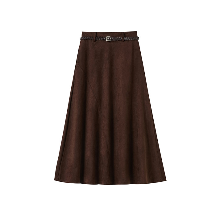 Elegant Korean Women Suede Skirts For Office Ladies Pockets Casual Loose A-Line High Waist Midi Skirt 2025 Autumn Winter L198