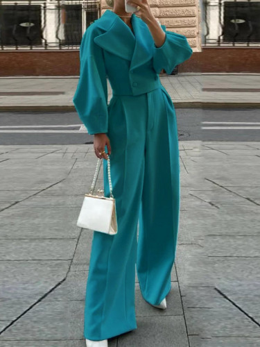 Solid Color Pleated Buttoned Wide Leg Long Sleeves Notched Collar Outwear + Pants Two Pieces Set