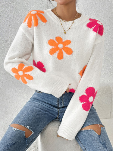 Flower Print Contrast Color Loose Long Sleeves Round-Neck Sweater Tops