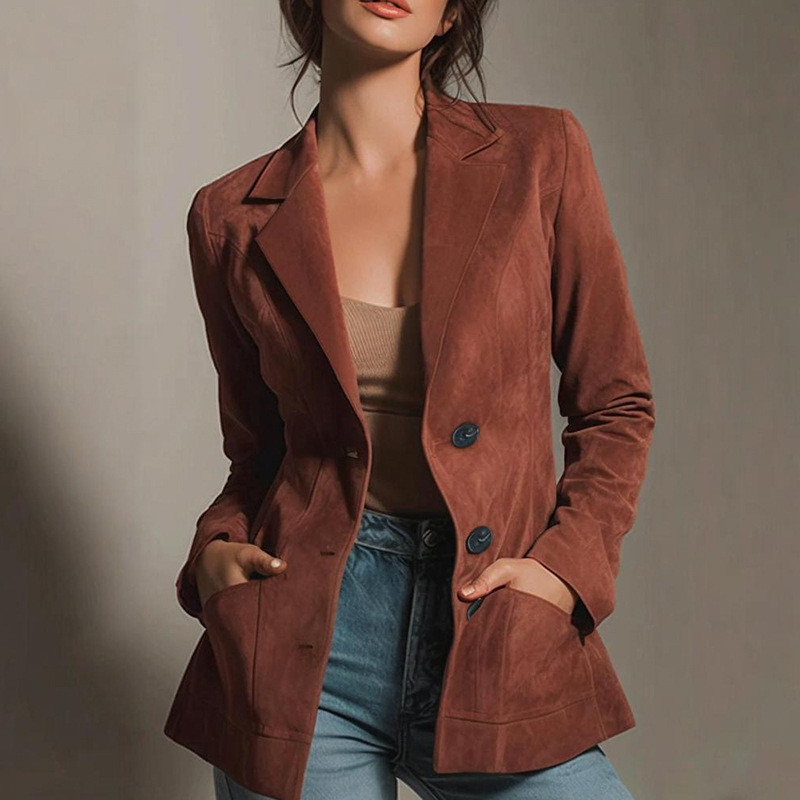 ashion New Turn-down Collar Blazer Suede Women Street 2025 Autumn Winter Female Casual Loose Long Sleeve Blazer Coats U192