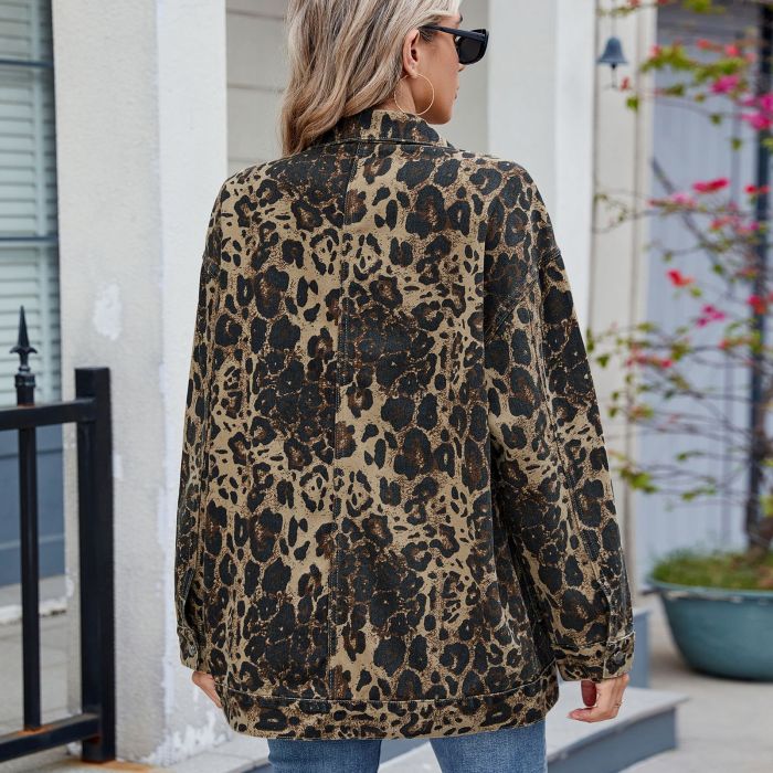 New Chic Women Denim Coats Autumn Female Button Long Sleeve Leopard Loose Jeans Coats Fashion