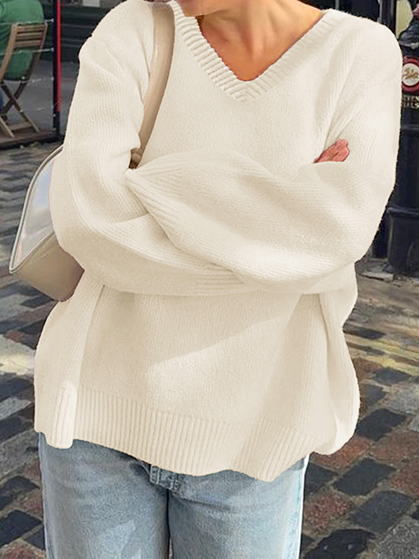 Solid Color Ribs Loose Long Sleeves V-Neck Sweater Tops