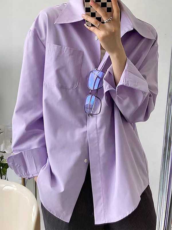 Solid Color Pockets Buttoned Loose Long Sleeves Lapel Blouses&Shirts Tops