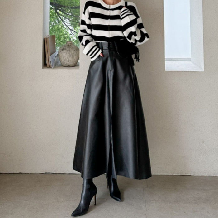✨ Chic High-Waist PU Midi Skirt | Elegant Streetwear with Pockets