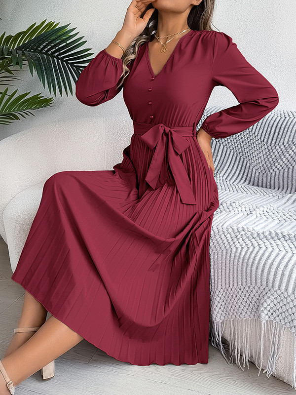 Solid Color Pleated Buttoned Belted Puff Sleeves Long Sleeves V-Neck Maxi Dresses