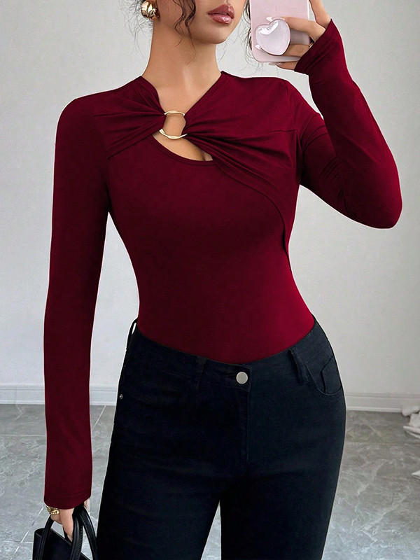 Split-Joint Solid Color Skinny Long Sleeves Asymmetric Collar T-Shirts