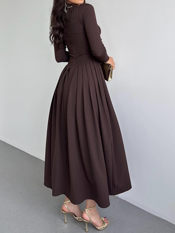 Split-Joint Solid Color Pleated Asymmetric Long Sleeves High Waisted One-Shoulder Maxi Dresses