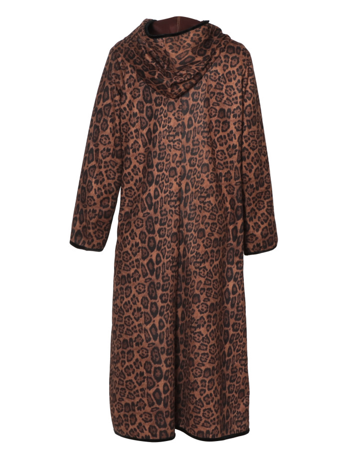 Suede Coat  Leopard Women's 2025 Autumn Winter Hooded Ladies Casual Loose  Female Long Overcoat Q195a