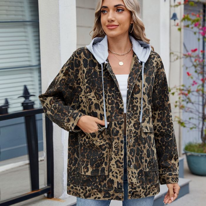 New Chic Women Denim Coats Autumn Female Button Long Sleeve Leopard Loose Jeans Coats Fashion