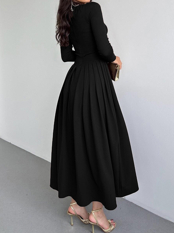 Split-Joint Solid Color Pleated Asymmetric Long Sleeves High Waisted One-Shoulder Maxi Dresses