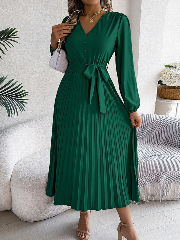 Solid Color Pleated Buttoned Belted Puff Sleeves Long Sleeves V-Neck Maxi Dresses