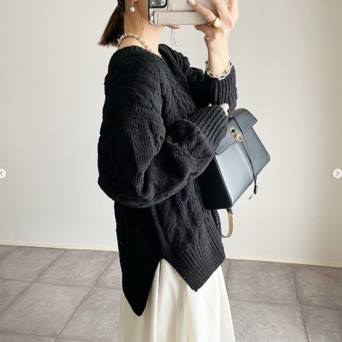 Chic Sweaters V-neck Loose Ladies Female Knitted Casual Pullovers Women Long Sleeve Autumn Spring