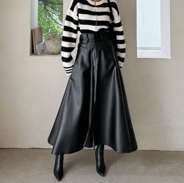 ✨ Chic High-Waist PU Midi Skirt | Elegant Streetwear with Pockets