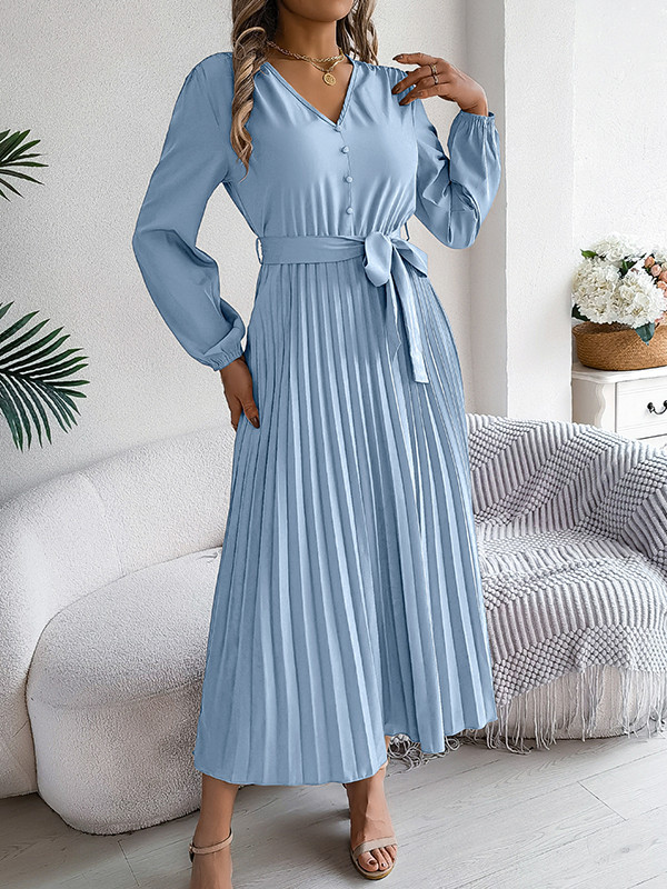 Solid Color Pleated Buttoned Belted Puff Sleeves Long Sleeves V-Neck Maxi Dresses