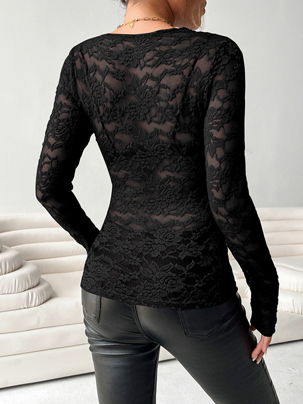 Solid Color See-Through Skinny Long Sleeves Deep V-Neck T-Shirts